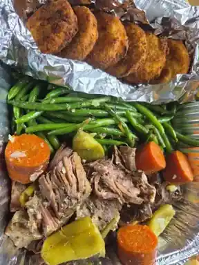 Brisket burnt ends with seasonal sides from the weekly meal prep menu